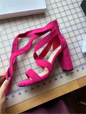 FSJ Fuchsia Suede Block Heel Lace-Up Sandals